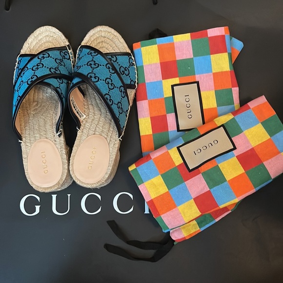 Gucci Sandals Fabric New Espadrille Canvas GG/Napa Charlotte light blue 6.5 - Picture 5 of 10